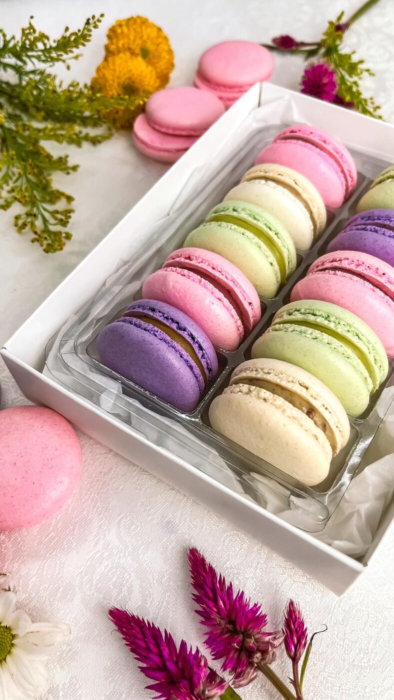 Caixa aberta com macarons rosa, verde, lilás e creme