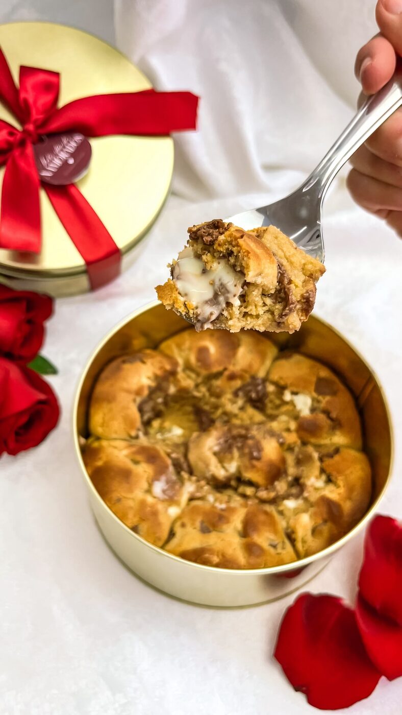 Cookie recheado servido de uma lata dourada, com rosas vermelhas ao lado